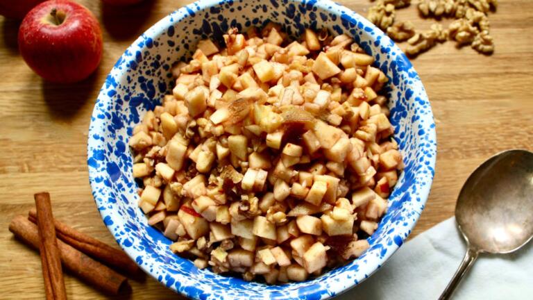 Ashkenazi haroset differs from its counterparts in that it typically is chunkier and looser in texture, rather than a mixture that gets blended or pounded into a fine paste. It also typically consists of chopped apples and walnuts (or almonds), without dried fruit included. Sweet wine is typically used for soaking, cinnamon is included for spice, and sometimes you might find the addition of orange or lemon juice, too, for extra flavor.